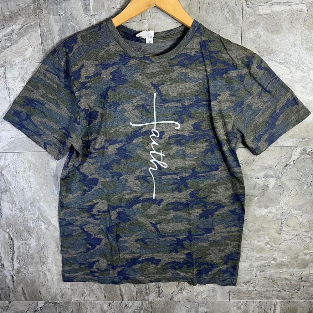 green and‎ blue camo graphic tee with "Faith" design Woman's Medium #camo #faith